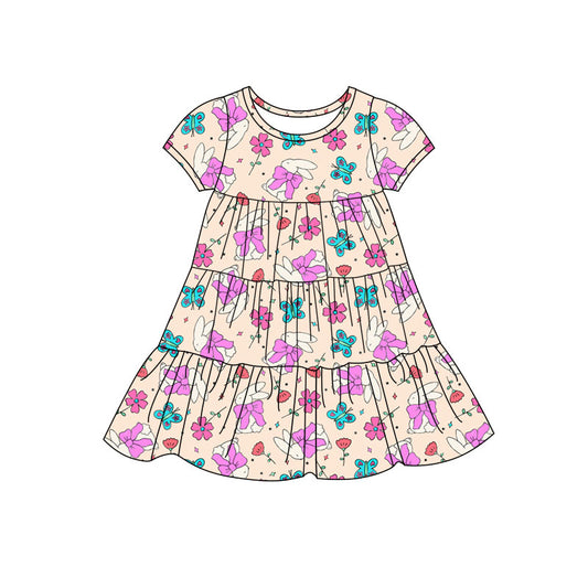 Preorder(moq 5) Baby Girls Butterfly Rabbits Easter Patchwork Ruffle Knee Length Dresses