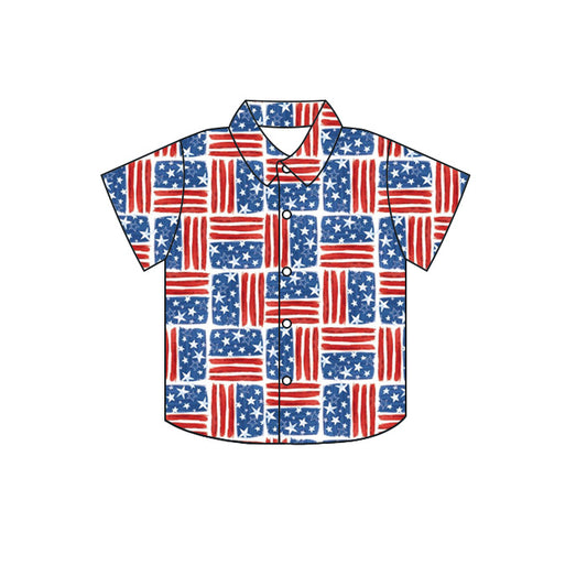 Preorder moq 5 Baby Boys Short Sleeve Flags Checked 4th of July Button Shirts Top