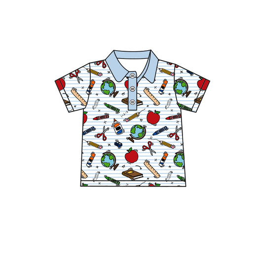 Preorder (moq 5)Baby Boys Short Sleeve Apples Pencils Back to School Button Polo Shirts Top