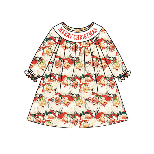 Preorder (moq 5)Baby Girls Long Sleeves Red Merry Christmas Leopard Santa Knee Length Dress