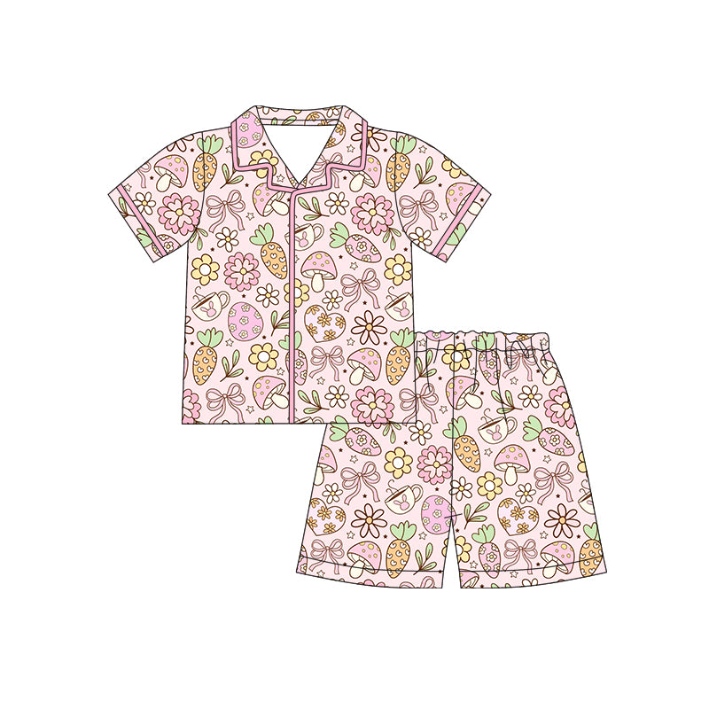 Preorder (moq 5)Baby Girls Rabbits Cups Flowers Button Top Shorts Easter Pajamas Sets