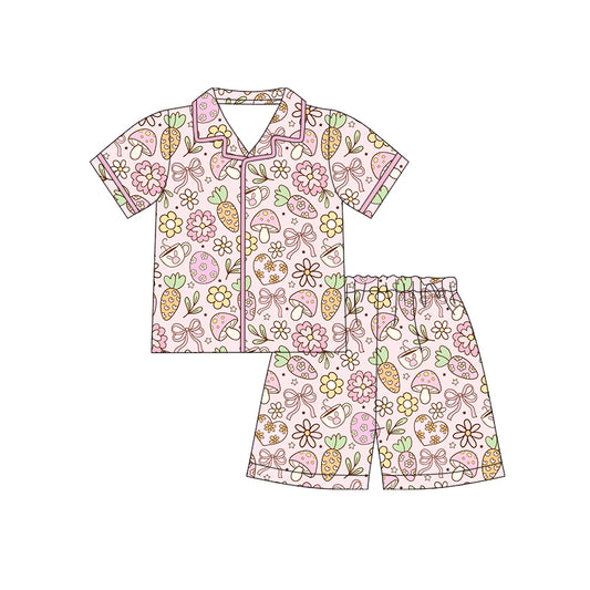 Preorder (moq 5)Baby Girls Rabbits Cups Flowers Button Top Shorts Easter Pajamas Sets