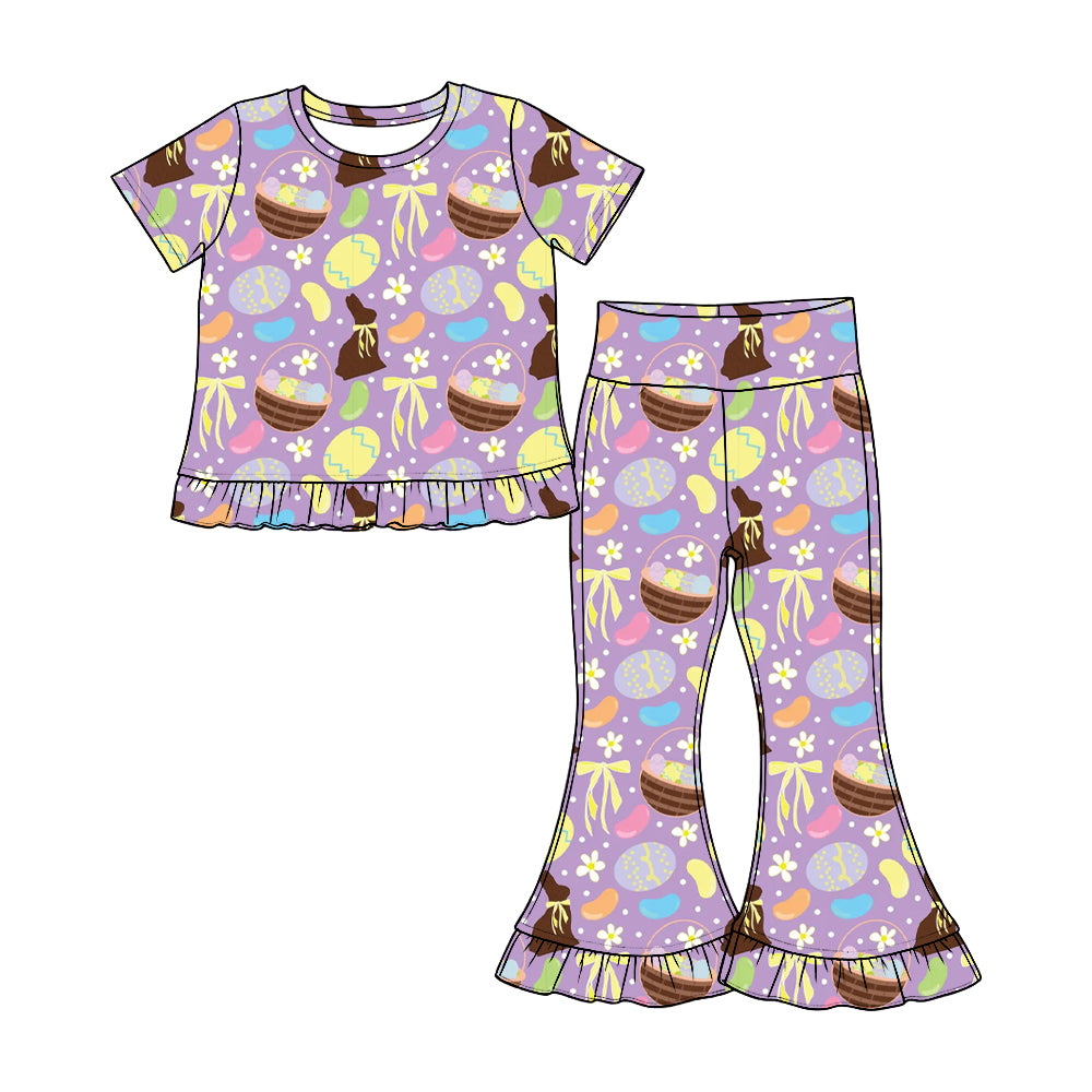 Preorder(moq 5) Girls Ruffle Short Sleeve Top & Ruffle Flare Pants Set Kids Two‑Piece Casual Outfit Set