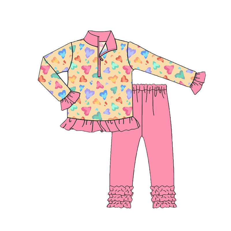 Preorder (moq 5)Baby Girls Colorful Hearts Zipper Pullover Ruffle Leggings Valentine Clothes Sets