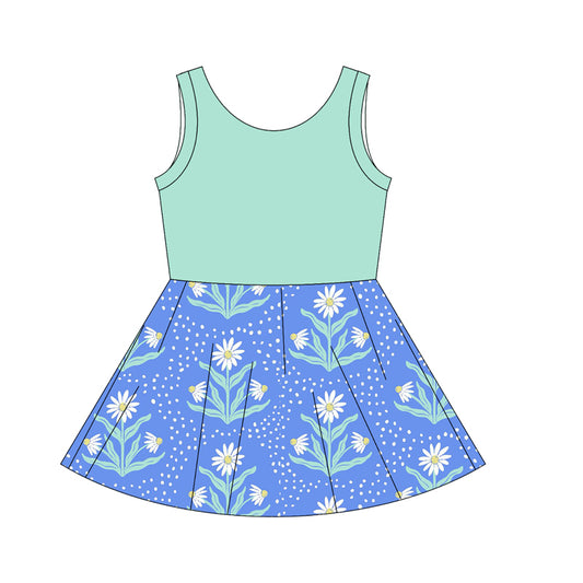 Preorder moq 10 Baby Girls Aqua Sleeveless Top Blue Flowers Patchwork Knee Length Dresses