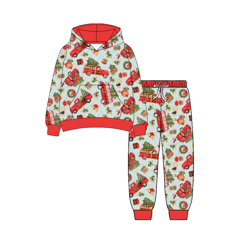 Preorder (moq 5) Baby Boys Trees Holly Bus Pocket Hoodie Jogger Christmas Clothes Sets