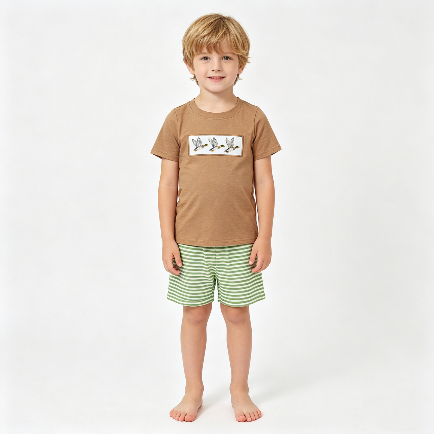 Embroidery Ducks Baby Boys Shirt Top Stripe Short Hunting Clothes Sets