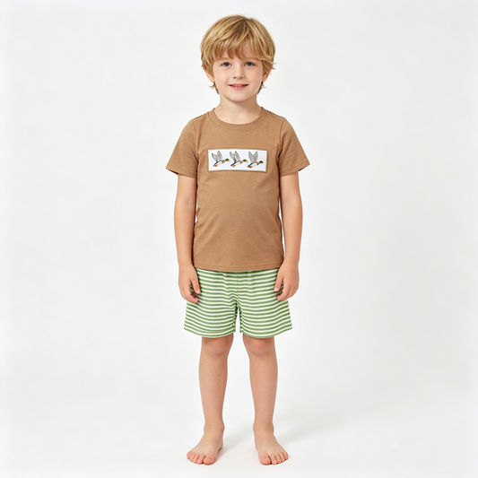 Embroidery Ducks Baby Boys Shirt Top Stripe Short Hunting Clothes Sets