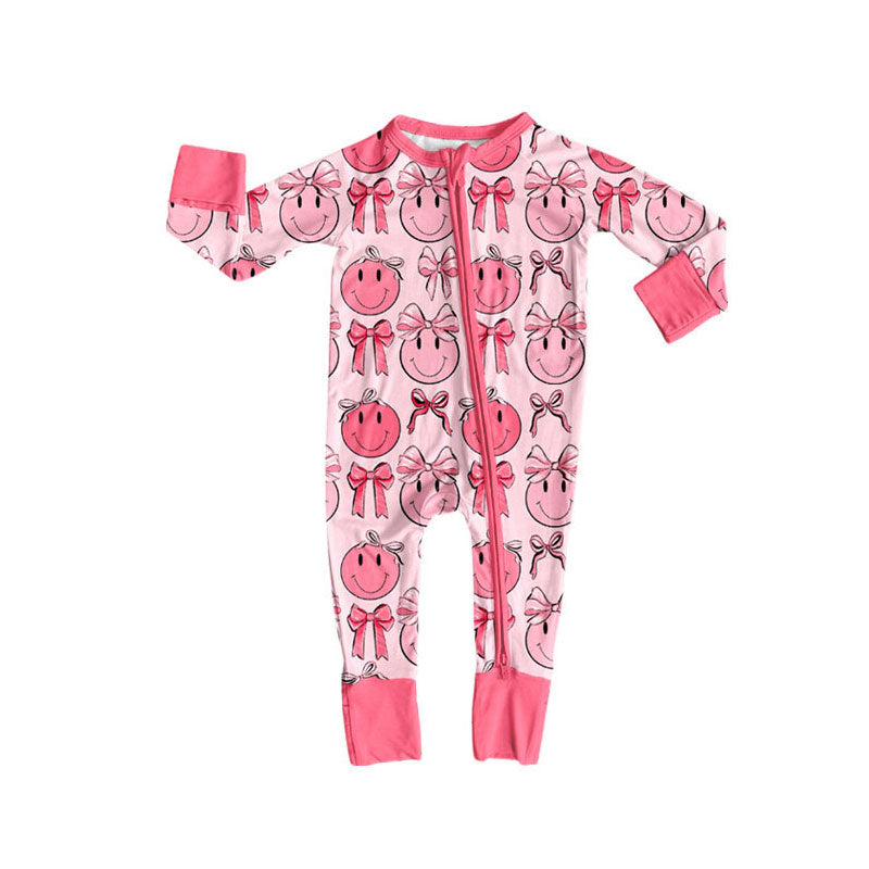 Preorder (moq 8)Baby Girls Long Sleeve Pink Bows Smiles Zipper Footie Rompers