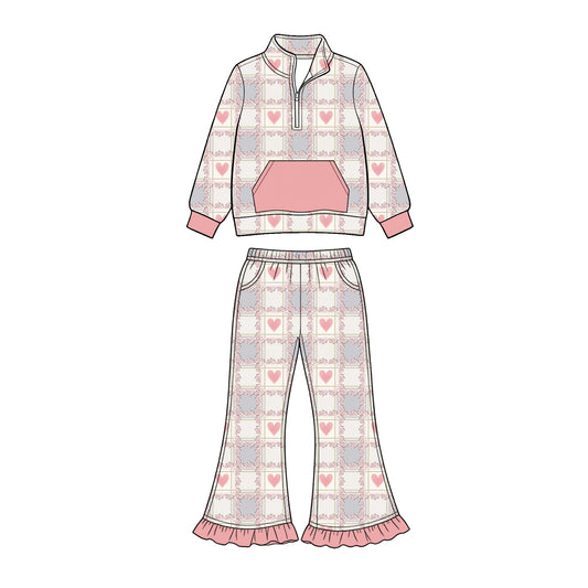 Preorder (moq 5) Baby Girl Clothes Plaid Heart Frame Allover Print Long Sleeve Half Zip Top Ruffle Flare Pant Set