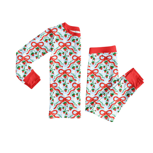 Preorder (moq 5)Baby Girls Red Bows Strawberry Plaid Top Pant Pajamas Set