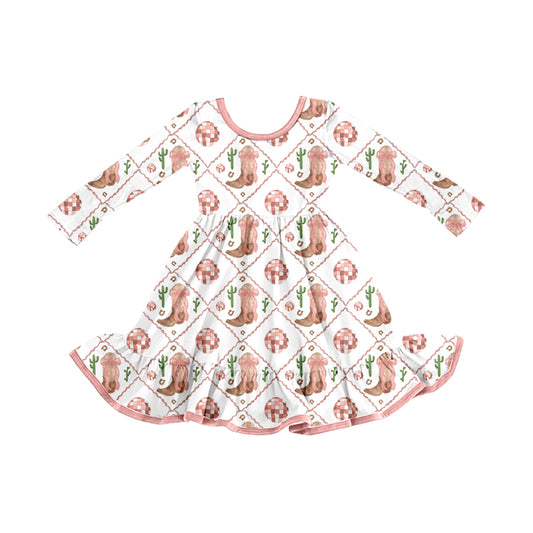 Preorder (moq 5)Baby Girls Western Boots Pink Ruffle Knee Length Dresses