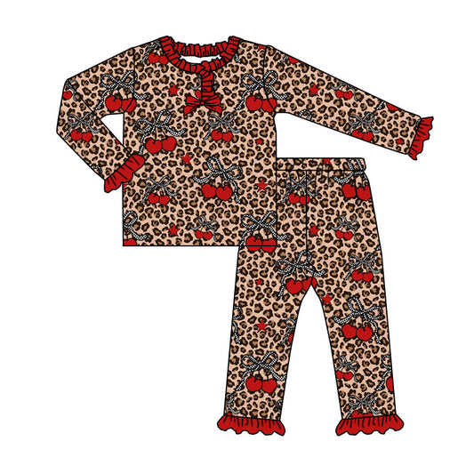 Preorder (moq 5)Baby Girls Red Cheer Leopard Bows Top Ruffle Pants Pajamas Sets
