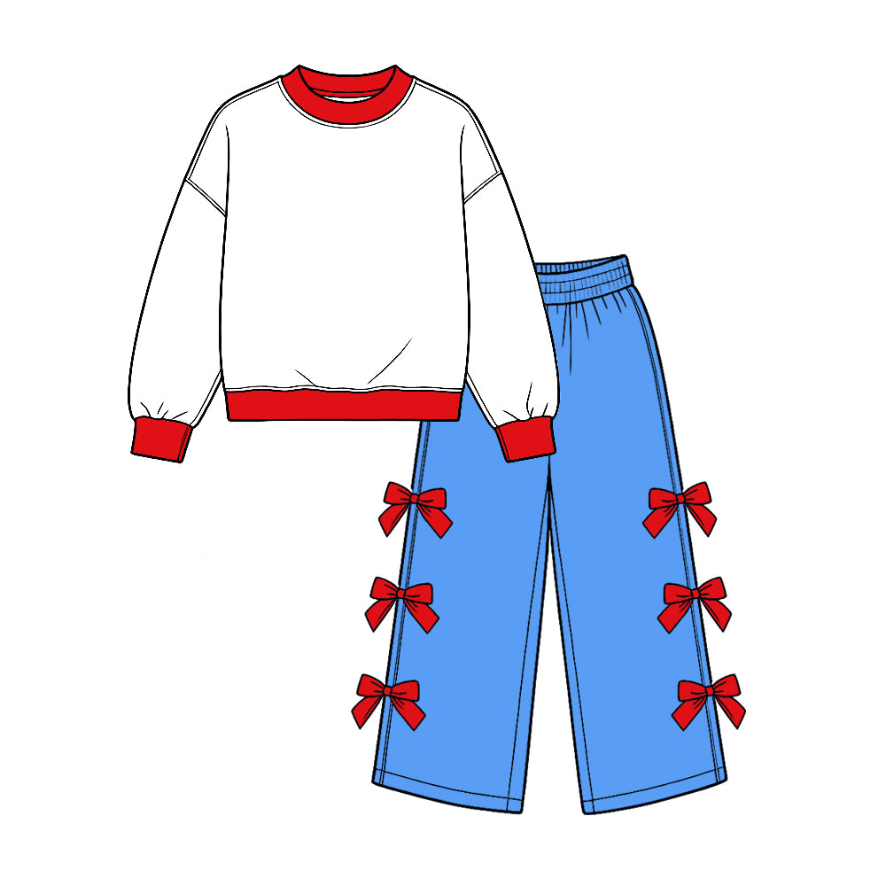 Preorder (moq 5) Baby Girl Clothes Solid Color Contrast Cuff Bow Accent Long Sleeve Wide Leg Pant Set