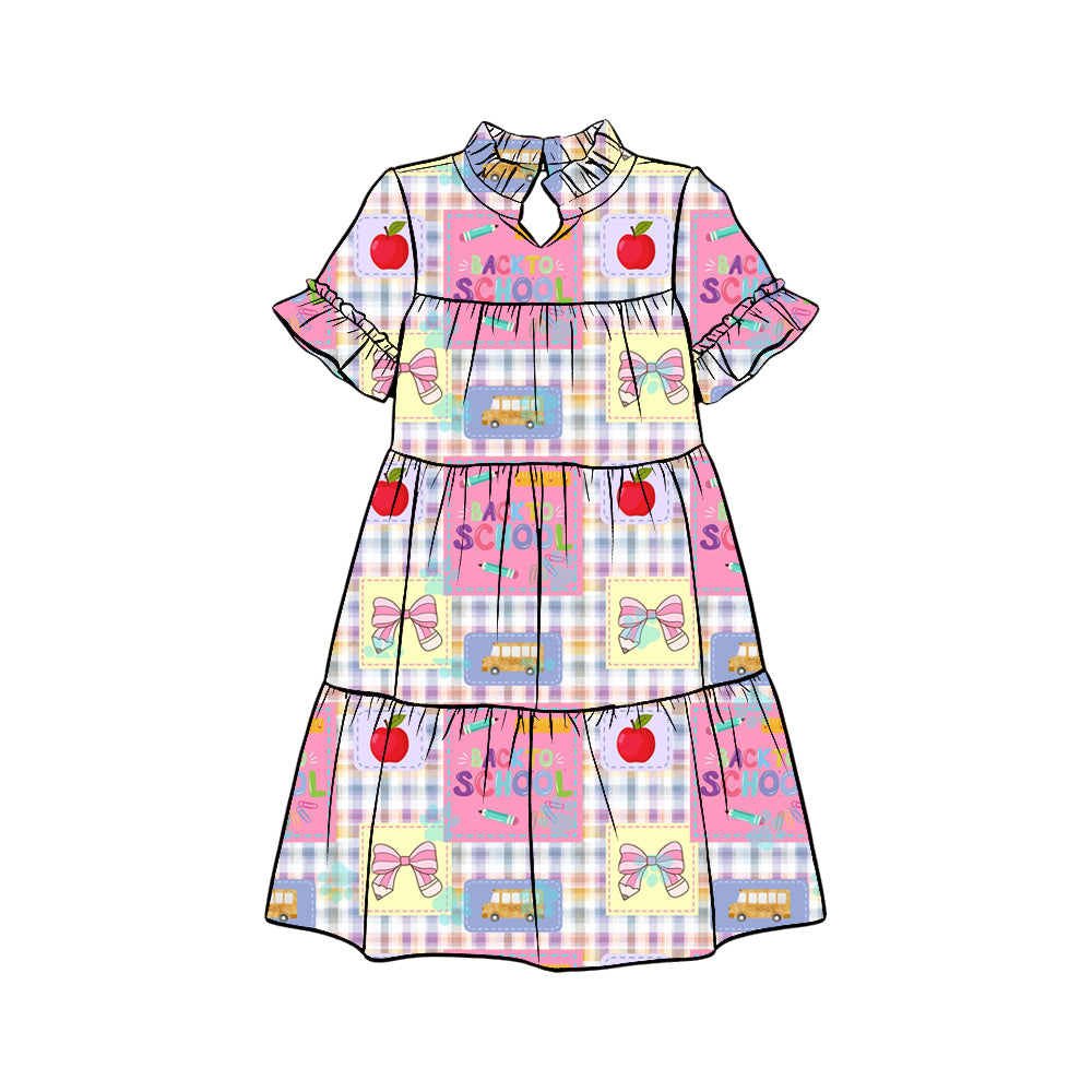 Preorder (moq 5)Baby Girls Pink Checked Apples Bows Back to School Patchwork Knee Length Dress