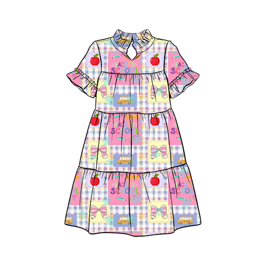 Preorder (moq 5)Baby Girls Pink Checked Apples Bows Back to School Patchwork Knee Length Dress