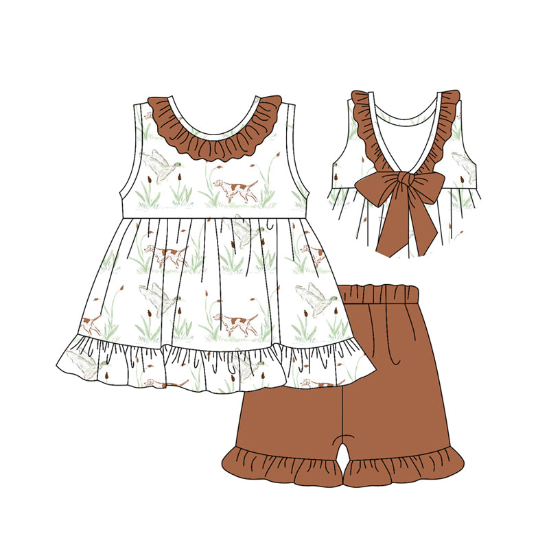 Preorder (moq 5)Baby Girls Brown Sleeveless Ducks Dogs Tunic Brown Ruffle Short Set
