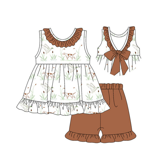 Preorder (moq 5)Baby Girls Brown Sleeveless Ducks Dogs Tunic Brown Ruffle Short Set