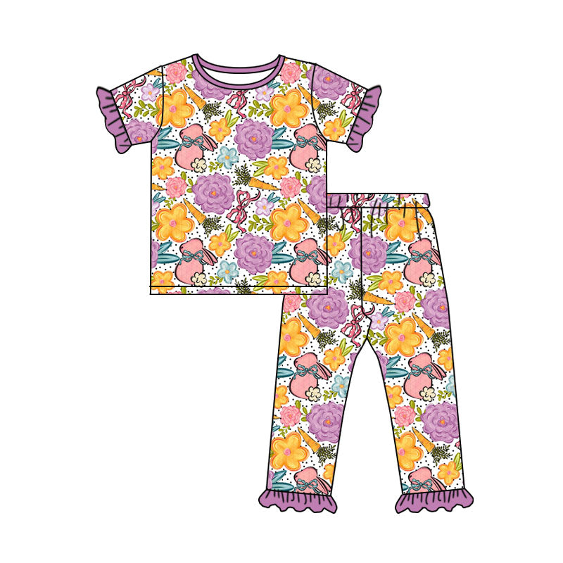 Preorder (moq 5) Baby Girl Clothes Easter Floral Bunny Mixed Print Short Sleeve Ruffle Top Long Pant Set