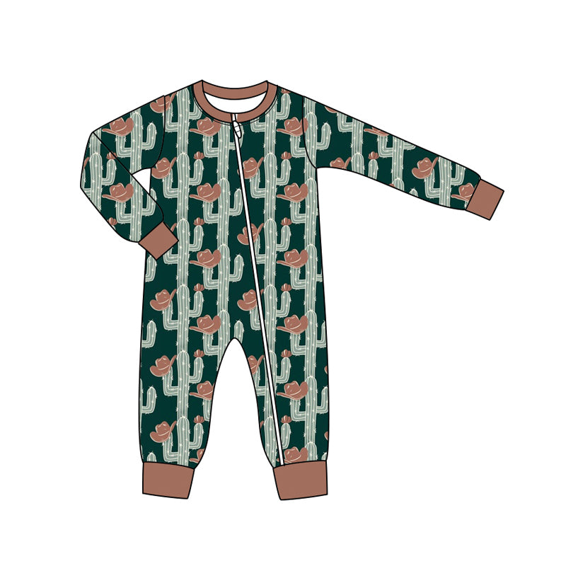 Preorder moq 5 Baby Infant Boys Long Sleeves Green Cactus Hats Plaid Zipper Rompers