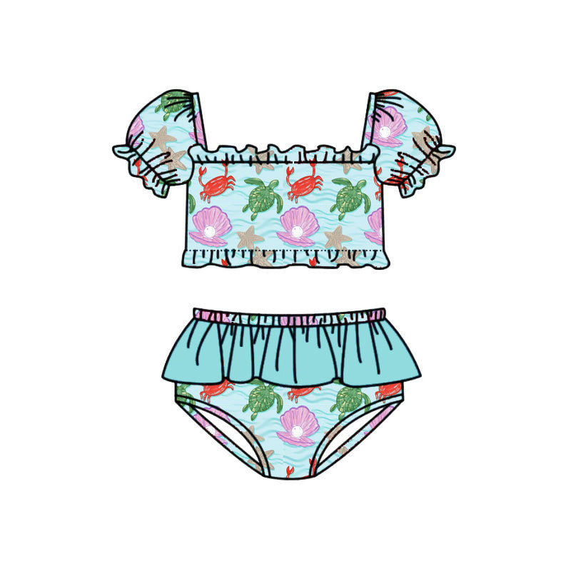 Preorder (moq 5)Baby Girls Short Ruffle Sleeve Sea World Vest Tunic Bummies Swimsuits