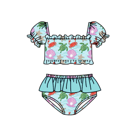 Preorder (moq 5)Baby Girls Short Ruffle Sleeve Sea World Vest Tunic Bummies Swimsuits