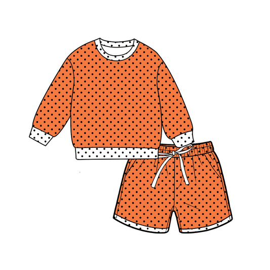 Preorder (moq 5)Baby Girls Orange Long Sleeve Polka Dots Top Pockets Short Clothes Set