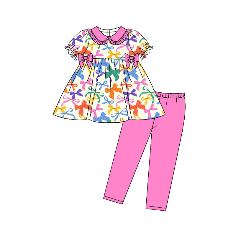 Preorder(moq 5) Baby Girls Short Sleeve Colorful Bows Tunic Leggings Clothes Sets