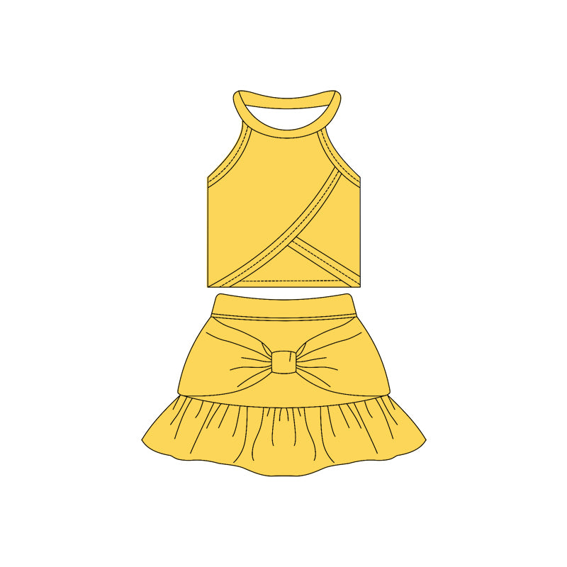 Preorder moq 10 Baby Girls Yellow Sleeveless Vest Top Bow Ruffle Short Skirts Activity Wear Yoga Set
