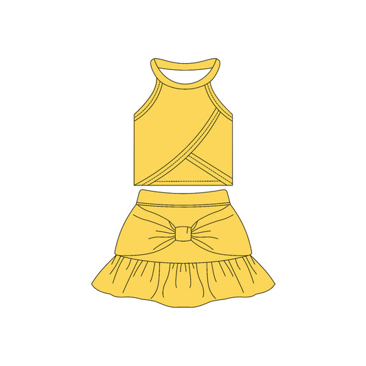 Preorder moq 10 Baby Girls Yellow Sleeveless Vest Top Bow Ruffle Short Skirts Activity Wear Yoga Set