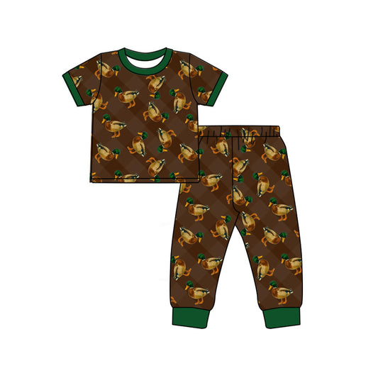 Preorder (moq 5)Baby Boys Brown Checked Ducks Top Pants Hunting Pajamas Sets