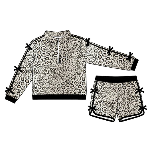 Preorder (moq5) Baby Girls Khaki Leopard Bows Zip Pullover Pockets Short Clothes Set