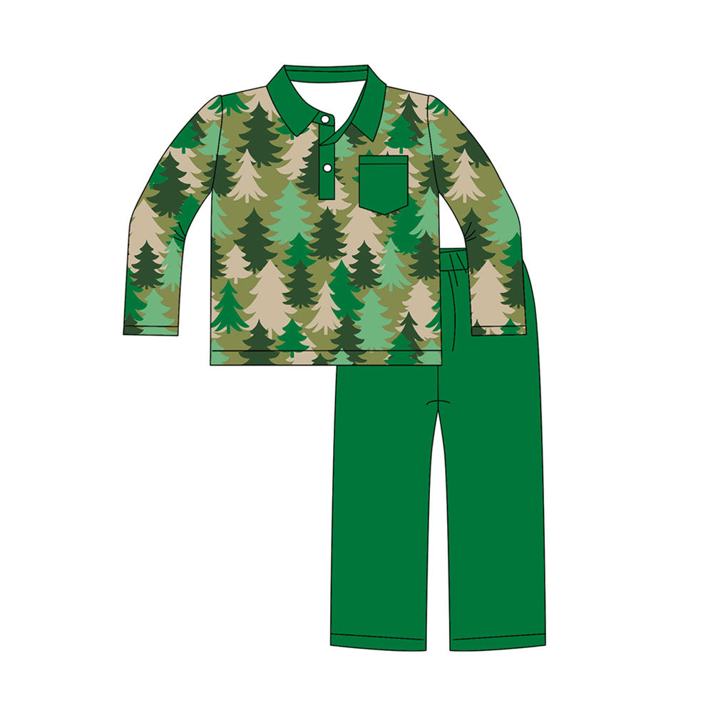 Preorder (moq 5)Baby Boys Green Trees Button Pocket Top Pant Fall Clothes Sets