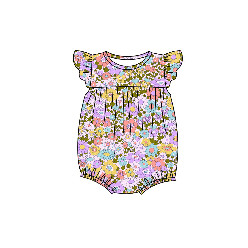 Preorder (moq 5)Baby Girls Flutter Sleeve Colorful Flowers Ruffle Rompers