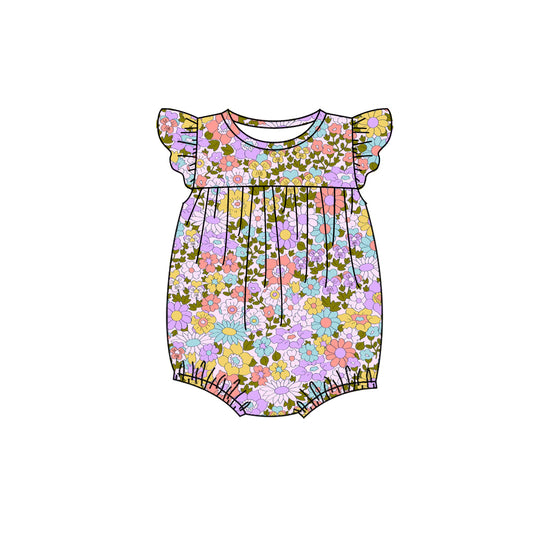 Preorder (moq 5)Baby Girls Flutter Sleeve Colorful Flowers Ruffle Rompers