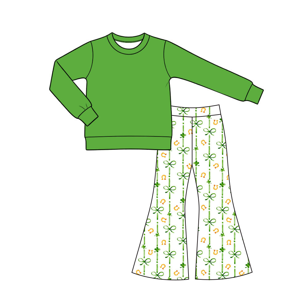Preorder (moq 5) Baby Girl Clothes St Patrick's Day Watercolor Clover Bow Striped Print Long Sleeve Flare Pant Set