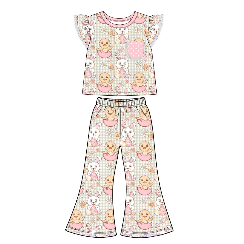 Preorder (moq 5) Baby Girl Clothes Easter Bunny Chick Gingham Print Flutter Sleeve Flare Pant Set