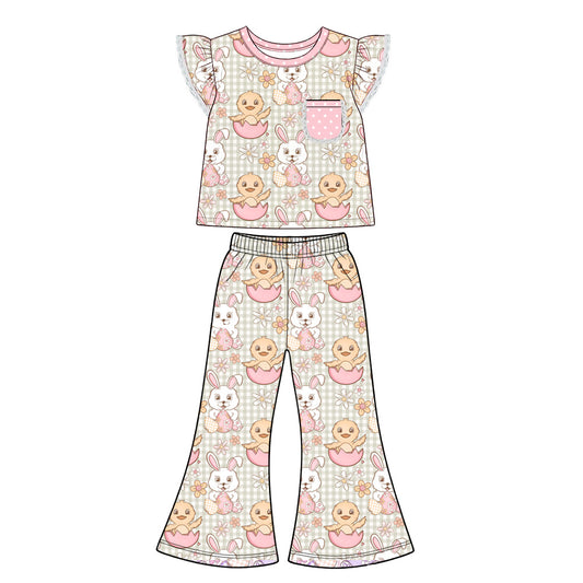 Preorder (moq 5) Baby Girl Clothes Easter Bunny Chick Gingham Print Flutter Sleeve Flare Pant Set
