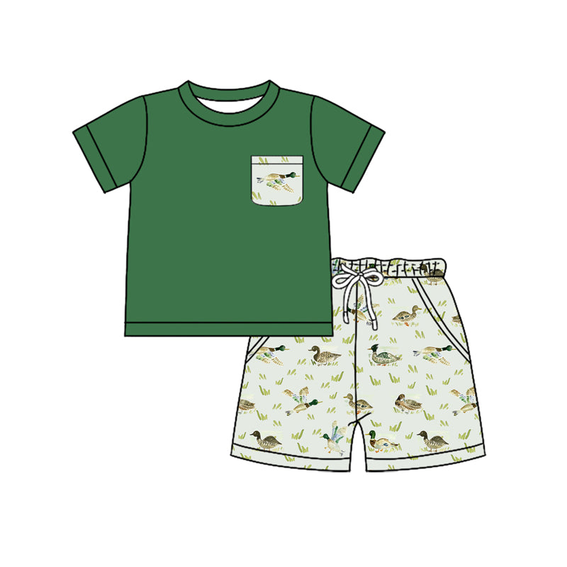 Preorder (moq 5)Baby Boys Green Mallard Ducks Summer Shirt Top Shorts Clothes Sets