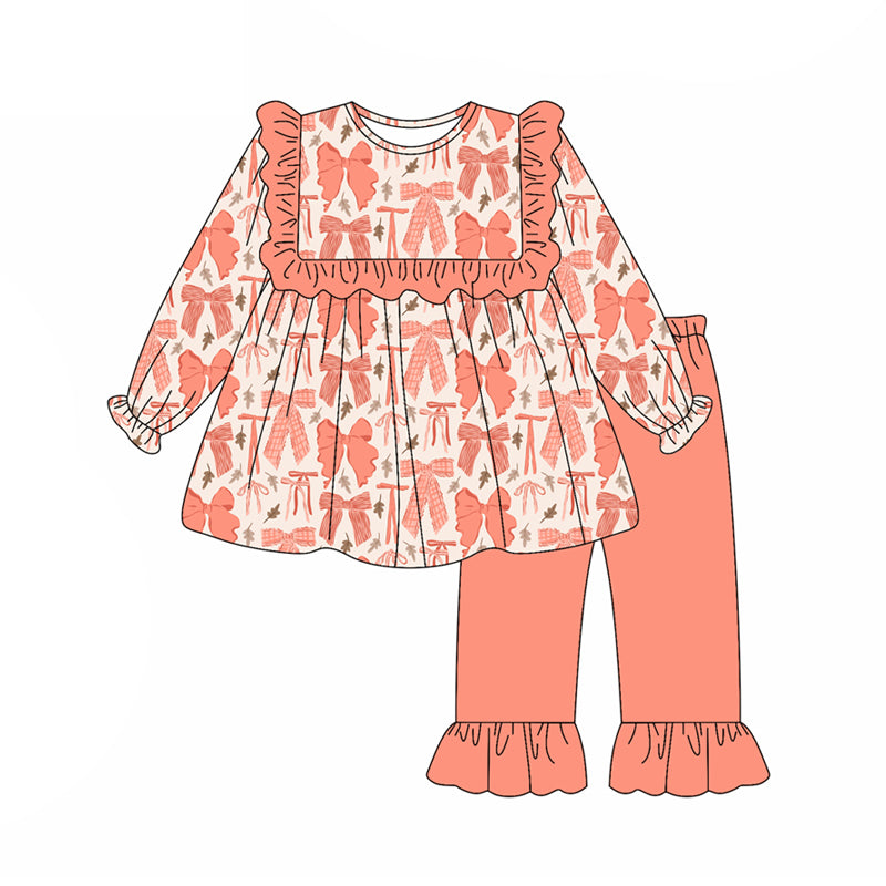 Preorder (moq 5)Baby Girls Long Sleeves Peach Leaves Bows Tunic Ruffle Pant Set