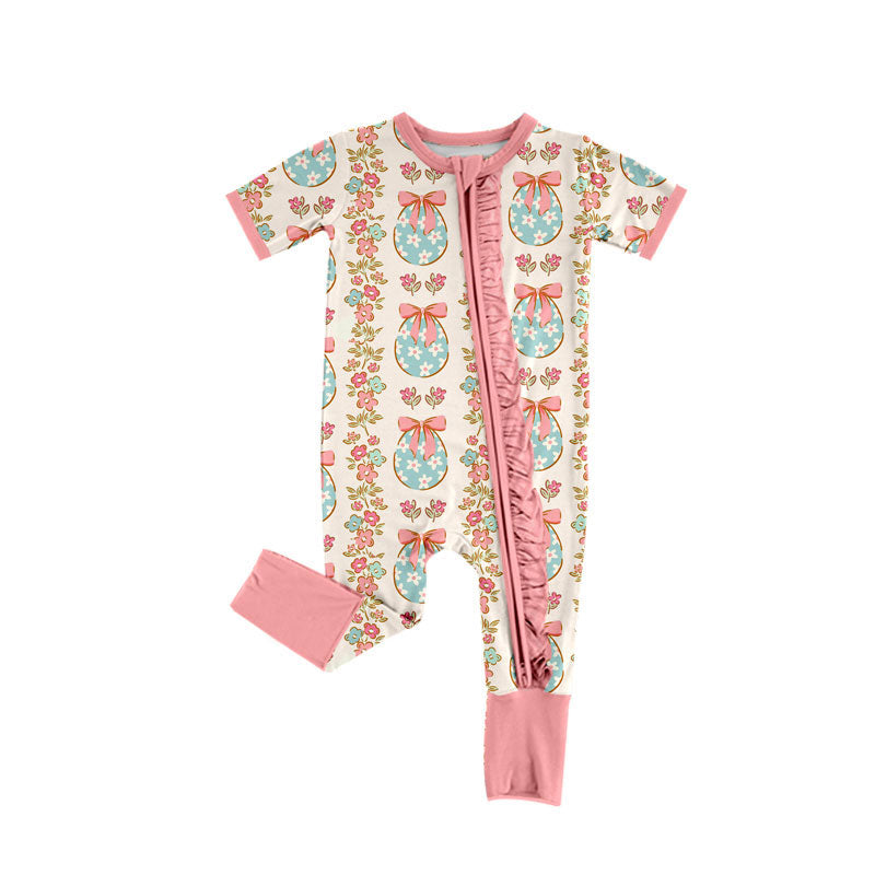 Preorder (moq 5)Baby Girls Eggs Flowers Stripe Easter Ruffle Zipper Footie Rompers