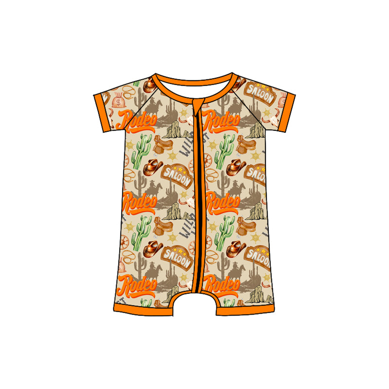 Preorder (moq 5)Baby Boys Khaki Short Sleeves Cactus Hats Wild Western Zipper Rompers
