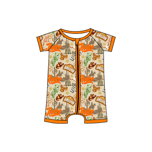 Preorder (moq 5)Baby Boys Khaki Short Sleeves Cactus Hats Wild Western Zipper Rompers