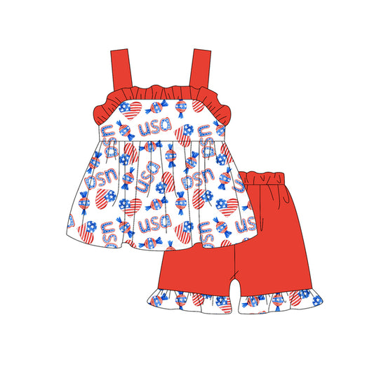 Preorder moq 5 Baby Girls Strap Blue Red Hearts Candy Tunic Ruffle Short 4th Of July Set