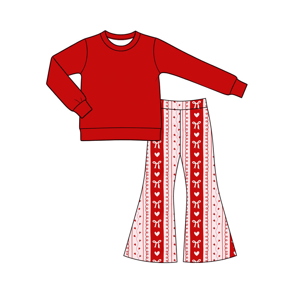 Preorder (moq 5) Baby Girl Clothes Heart Bow Vertical Striped Print Long Sleeve Flare Pant Set