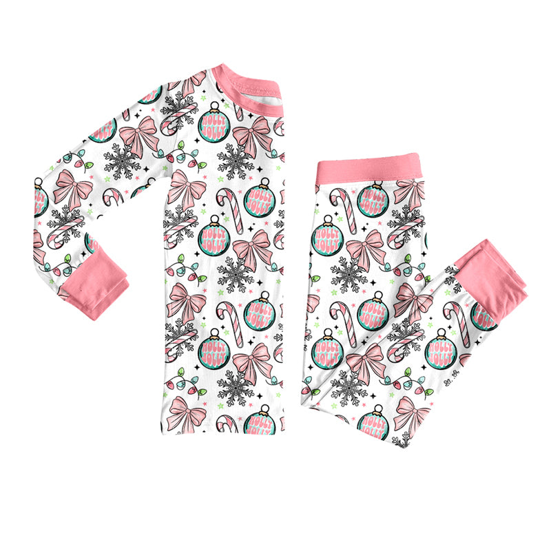 Preorder (moq 5)Baby Girls Bows Candy Cane Top Pant Christmas Pajamas Sets