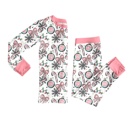 Preorder (moq 5)Baby Girls Bows Candy Cane Top Pant Christmas Pajamas Sets