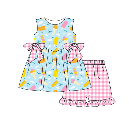 Preorder (moq 5)Baby Girls Popstick Bows Tunic Checkered Shorts Outfits Sets