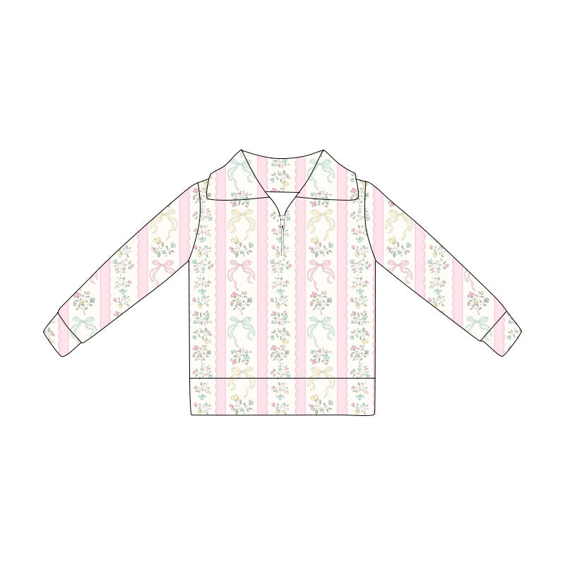 Preorder(moq 5) Baby Girls Pink Bows Flowers Stripes Zipper Pullovers Top