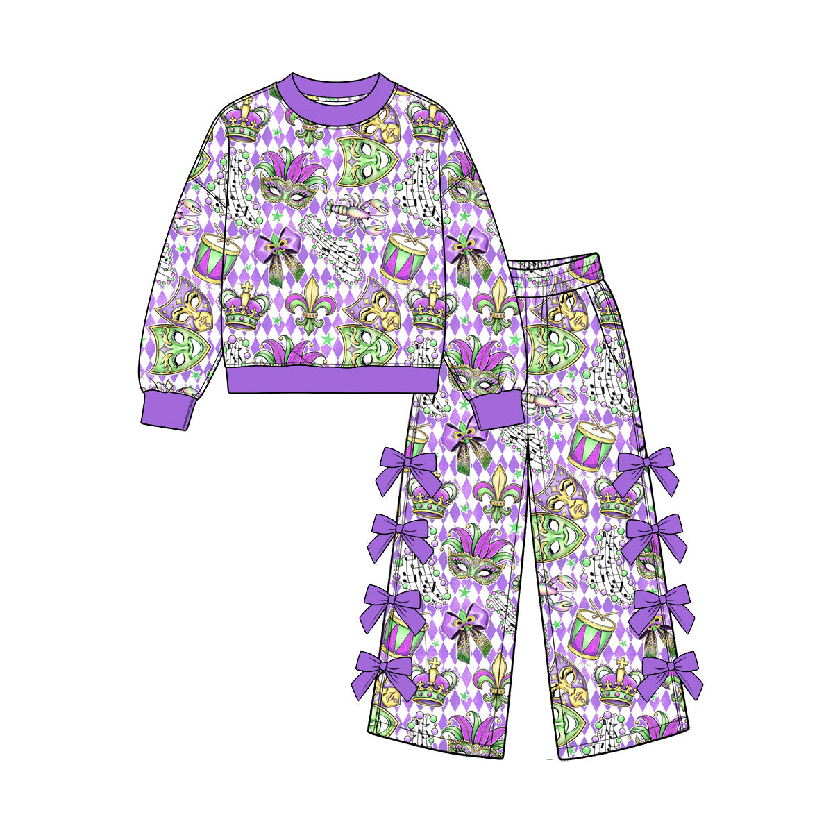 Preorder (moq5) Baby Girls Mardigras Masks Top Bows Pockets Flare Pant Clothes Set